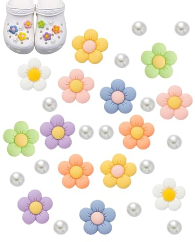 CULEB 28 Stück Anstecker Blumen für Crocs Charms,Chrysanthemum Perle Blumen Schuh Charms,7 Farben Schuhanstecker,Bunte Niedliche Blumenform Charm für Damen Mädchen DIY Clogs Sandalen Schuhschmuck
