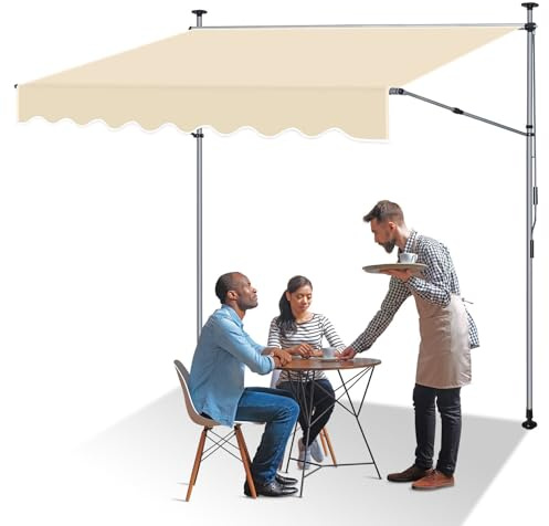 ISOISL Toldo de sujeción de 250 cm de ancho, protección solar para balcón, sin agujeros, altura ajustable 214 – 305 cm, toldo extensible hasta 150 cm, de poliéster de 180 g/m², UV50+, beige