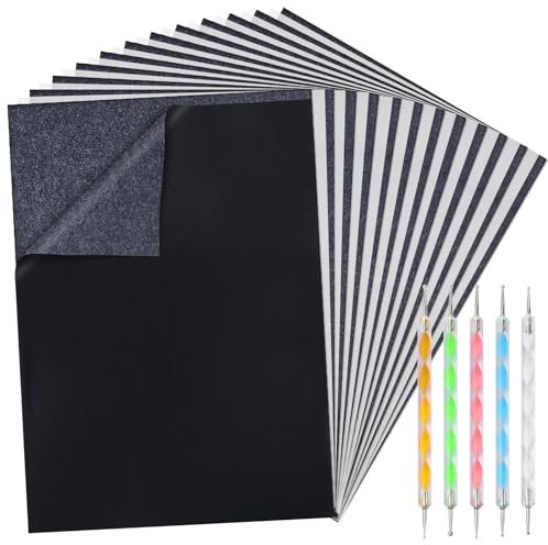 CHRORINE Lot de 200 feuilles de papier calque carbone avec 5 outils de gaufrage pour transfert et copie, pour le traçage sur bois, toile, tissu et autres surfaces, format A4, 21 x 29 cm, noir, blanc