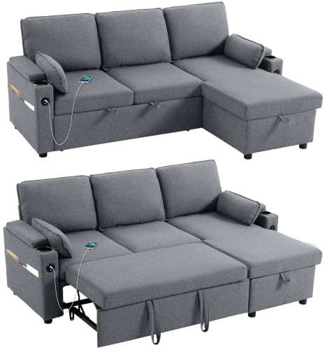 HOMCOM Corner Sofa Bed L Shaped Reversible Storage Chaise 3 Seater Grey | Sleeper Sectional Sofa, Convertible Pull Out Bed, Spring Seat, USB Ports, Cup Holders, Pillows, Living Room
