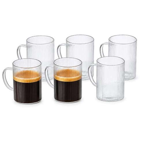 Eden & Willow Glass Coffee Cups 150ml, Set of 6 Small Latte Espresso Cups with Handle, Borosilicate Heat Resistant Mugs for Hot & Cold Drinks, Ideal for Cappuccino Tea Milk & Hot Chocolate