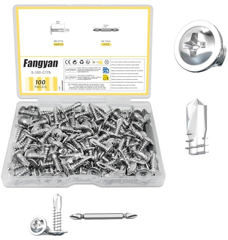 Fangyan 100Pcs M4.8x16mm Wafer Head Self Drilling Screws, High Strength 410 Stainless Steel Sheet Metal Screws with Screwdriver Bit for Sheet Metal Installation