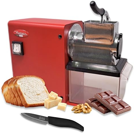 Reber Grattugia Elettrica per Formaggio Semiprofessionale 200W | per Parmigiano, Pane, Cioccolato e Frutta Secca - Alluminio e Acciaio Inox - Ampia Apertura e Cassetto Capiente - RED Cover