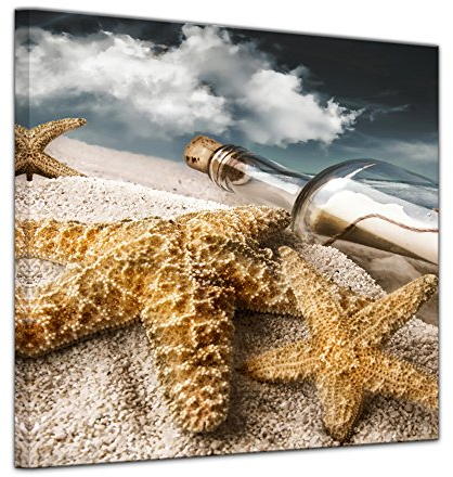 Bilderdepot24 Keilrahmenbild Flaschenpost mit Seesternen - 80x80 cm quadratisch Keilrahmenbilder Bilder als Leinwanddruck Fotoleinwand Landschaften Küste - maritim - Flasche am Strand