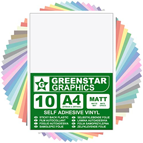 GREENSTAR GRAPHICS MATT A4 STICKY BACK PLASTIC SELF ADHESIVE ART & CRAFT VINYL (10 SHEET PACK). Compatible With 12” Cricut, Silhouette Cameo/Curio/Portrait, Scan N Cut (WHITE MATT 10 A4)