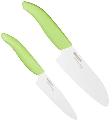 KYOCERA Revolution 2-Piece Ceramic Knife Set: Chef Knife For Your Cooking Needs, 5.5 Santoku and 4.5 Utility Knife, White Blades with Green Handles, White/Green