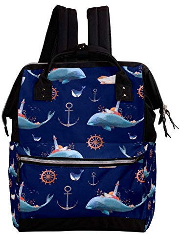 Wickeltasche, Motiv: Wasserfarben, Leuchtturm, Anker, Wal, Mumien-Rucksack, große Kapazität, Babytasche, multifunktional, Reiserucksack, Wickeltasche, Stilltasche für Babypflege