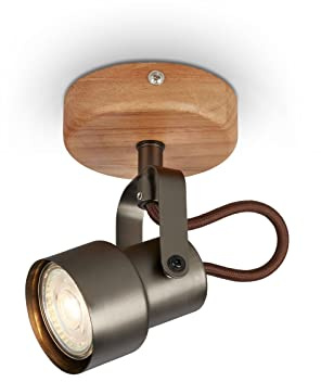 Briloner Leuchten - Spot, applique murale, rétro, vintage, spot pivotant et orientable, 1x GU10, 5 watts, 460 lumens, 3000 kelvins, métal-bois, gris antique, 90x100x127mm (DxLxH)