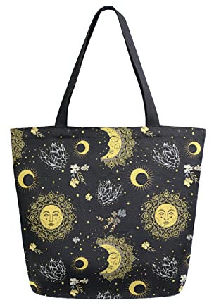 Anantty Süß Sonne Mond Sterne Kristalle Blumen Canvas Tote Bag Damen Einkaufstasche Bag Tragetasche Wiederverwendbare Tasche Handtasche mit Innentasche für Shopper Reisetasche