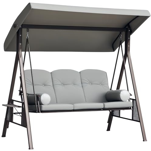 Outsunny Balancín de Jardín Exterior de 3 Plazas Columpio de Jardín Exterior con Toldo Ajustable Bandejas Laterales 2 Almohadas y Marco de Metal Carga 360 kg 206x116x183 cm Gris