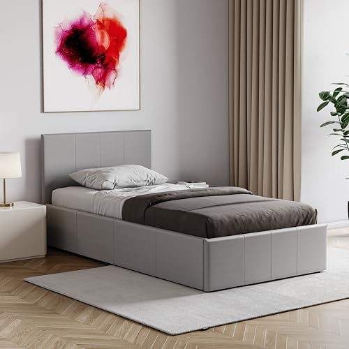 Vida Designs Lisbon Single Ottoman Bed Frame | Grey | 87 H x 98 W x 200 D cm | Faux Leather | Padded Headboard | Low Foot End | Gas Lift | Large Storage | UKFR | Modern Bedroom Furniture