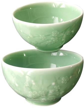 Longquan celadon 4.5 inch 10 oz rice bowls,sushi dipping sauce bowl, green porcelain bowls, high temperature twice firing, natural mineral glaze lead-free, 2 pcs.(Plum blossom cyan)