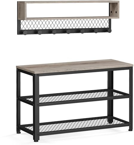 VASAGLE Coat Rack Shoe Bench Set, Hall Tree with Bench, Entryway Furniture, Multifunctional, Dot Coat Hooks, 2-Tier Shoe Rack, Industrial Style, for Entryway, Hallway, Heather Greige ULCR073K02