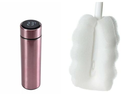 Botells Thermoflasche Isolier Flasche 500 ml Edelstahl, LCD Temperaturanzeige, auslaufsicher, bei Berührung sofort ersichtliche Temperatur ideal bei Babynahrung (Rose Glitzer m. Reinigungsbürste)