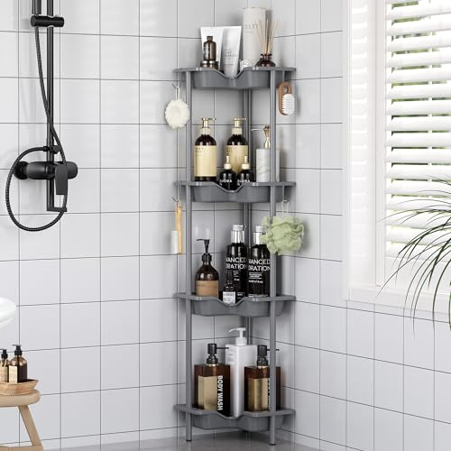 Oriware Estanteria Baño de Ducha de Pie, Organizador de Esquina de Piso de Empalme con 4 Ganchos, Cesta Ducha sin Taladrar para Baño (Gris, 4 Tier)