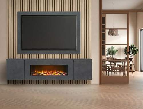 Acantha Orion XO Electric Floating Media Wall Suite in Slate Effect with TV Board & Natural Oak Wall Panels