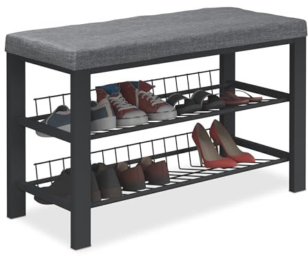 Relaxdays Banco Zapatero, Organizador Zapatos Recibidor, Acolchado, 2 Baldas, Tela, Metal, 5x82x33cm, Antracita/Negro, Tablero de Fibras, 50,5 x 82 x 33 cm