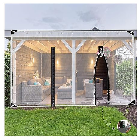 Clear Outdoor Waterproof Tarpaulin with Zipper Door for Pergola Patio Porch Gazebo Garden 680g/㎡ 0.5mm PVC H2.8xW9m