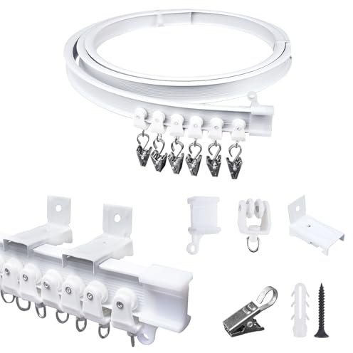 FOGAWA 2m Binario per Tende a Parete con 16 Clips in Ferro,Flessibile,Curvo, Binario PVC Montato Lateralmente, Sistemi di Scorrevole Binario Tende da Doccia, Divisori per Ambienti, per Camper,Bianco