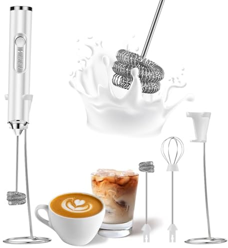 SOUTHMAN Espumador de leche con soporte de acero inoxidable, espumador de leche eléctrico recargable, batidor de mano, mezclador de bebidas para latte, capuchino (blanco)