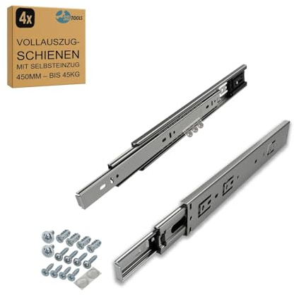 SOTOOLS 2 Paar Vollauszug Schubladenschienen, 450 mm, max. 45 kg | Mit Selbsteinzug, kugelgelagert, Stahl, für Schubladen und Möbel, Möbelbau, Werkstatt, Heimwerken.