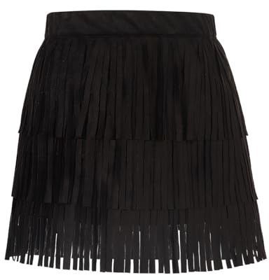 Noomelfish Women Suede Fringe Skirt Boho Tassel Layered Ruffle Skirt, Black, Small