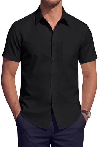 HISDERN Camicia Uomo Manica Corta Elasticizzata Non Stiro Regular Fit Elegante Estiva Business Casual da Lavoro con Taschino Nero L