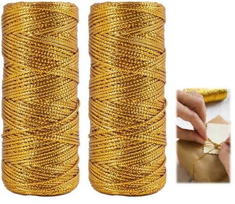 2 Stück 200M Gold Metallic Schnur, 1,5 mm, Bastelschnur aus Polyester auf Rolle, Verpackungsschnur für Geschenkverpackung, DIY Handwerk, Hochzeit, Weihnachten & Dekoration
