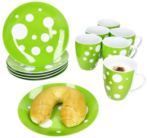 MamboCat Pula Service de petit-déjeuner 12 pièces, 6 assiettes à gâteau et 6 tasses à café à pois de 300 ml, en porcelaine, pour 6 personnes, décor à pois verts, pour le petit déjeuner et le café