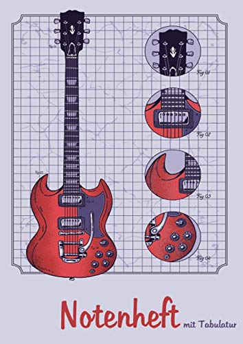 NOTENHEFT mit TABULATUR: DIN A4 für Anfänger und Fortgeschrittene / Blanko NotenBlock / Leere Notenzeilen / Notensystem / für die Schule / Komponist / mit Tabulatur / Design : E Gitarre Details