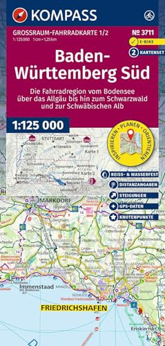 KOMPASS Großraum Fahrradkarte 3711 Baden-Württemberg Süd, die Fahrradregion vom Bodensee über das Allgäu bis zum Schwarzwald und der Schwäbischen Alb; ... reiß- und wetterfest, GPX-Daten zum Download