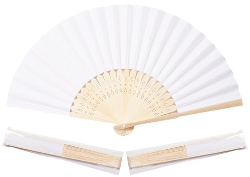 Sepwedd 50pcs White Paper Hand Fan Bamboo Folding,Handheld Paper Folded for Wedding Party and Home Decoration