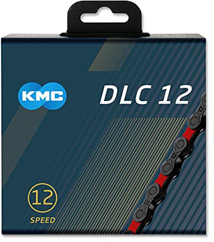 Fahrrad Kette, KMC Fahrradkette, DLC12, 1/2 x 11/128, 126 Glieder, 12-fach, kompatibel mit Shimano / Sram / Campagnolo, schwarz-rot