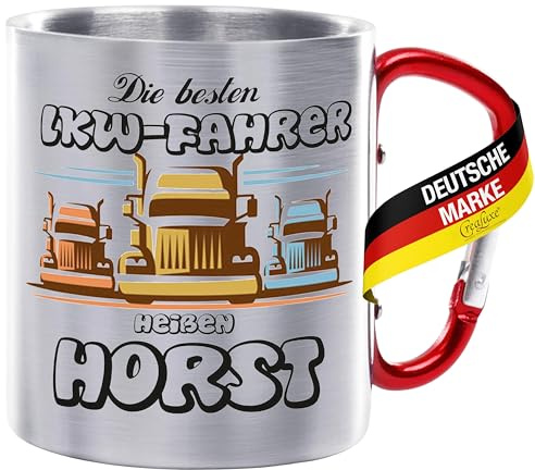 Edelstahltasse mit Karabiner - Die besten LKW Fahrer heißen Wunschname - 330ml, Tasse personalisiert, Kaffeetasse, Bürotasse, Metalltasse mit Name