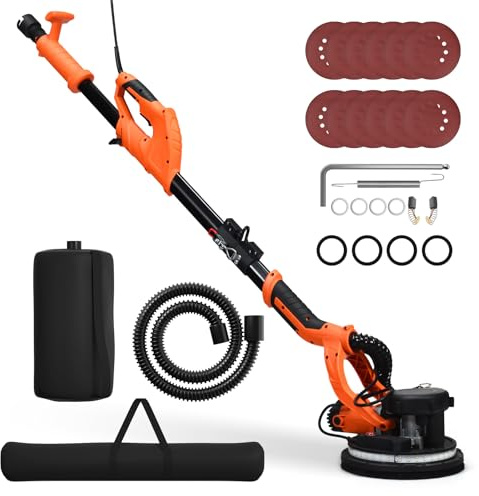 COSTWAY 750W Foldable Drywall Sander, Long Handle Wall Sanding Machine with 99% Automatic Vacuum System, 6 Variable Speed 800-1750 RPM and LED Light, Electric Dry Wall Sander Including 12 Sand Pads