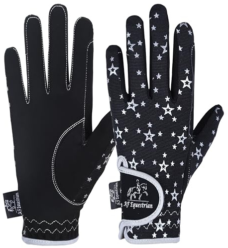 AFE Guanti per bambini per ragazze e ragazzi, unisex, guanti da equitazione, guanti da equitazione, guanti sportivi, guanti da ciclismo per bambini, motivo con stelle nere, blu, rosa (motivo stella