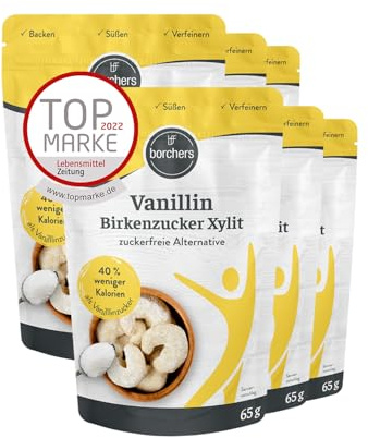 BORCHERS Vanillin Xylit, Alternative für Vanillezucker 6x 65g, auf Grundlage von Xylit, weniger süß, kalorienreduziert & zuckerfrei, Zuckerersatz, Süßungsmittel, Zuckeralternative