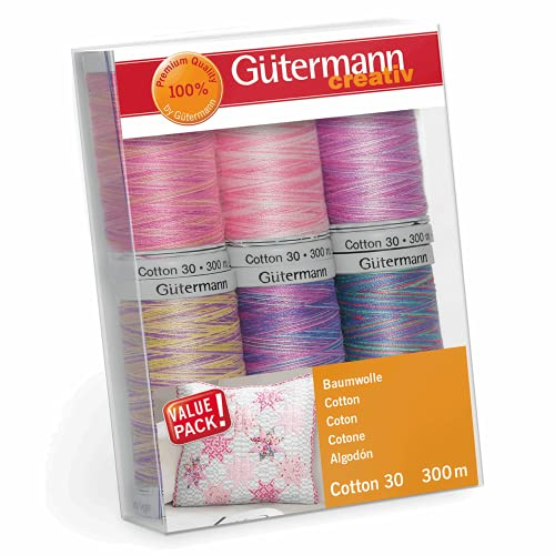 Gütermann Nähfaden-Set Cotton Nr. 30, 6 Spulen à 300 m, Baumwollgarn für Näharbeiten