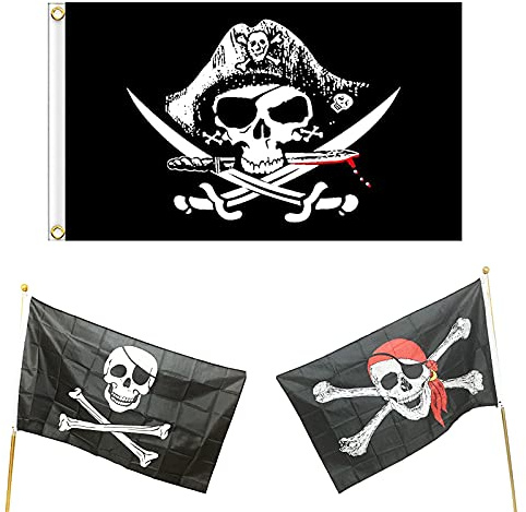 Lot de 3 drapeaux de crâne - Drapeau de fête pirate - Drapeau Jolly Roger - Convient pour la décoration d'Halloween, fête pirate, cosplay - 150 x 90 cm - Noir