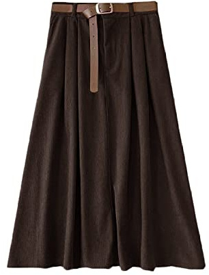 WGGY Gonna Lunga Invernale, Elegante Velluto A Coste Nero Inverno Gonne per Le Donne Vita Elasticizzata Midi con Cintura Gonne A Vita Alta da Donna A-Line Gonna Ampia con Balza A Pendolo, caffè