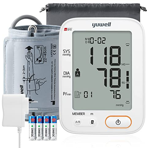 yuwell Upper Arm Blood Pressure Monitor | Medical Grade, BP Machine for Home Use | 2 Users, 99x2 Readings, Wide Range Blood Pressure Cuff, 4.5 Large Display, Power Adapter