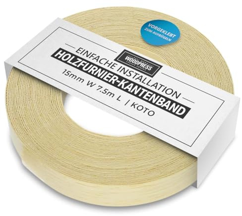 WoodPress® 15 mm Echtholz Bügelrand - 7,5 m Rolle - vorverleimtes Holzfurnierband für einfache DIY Anwendung - deckt den Rand Einer Standard-MDF-Platte ab
