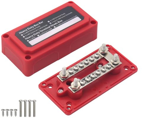 Messing 100 Ampere Sammelschiene 12V -48V DC Geländewagen Masseverteiler Boot Sammelschienenkasten Camper KFZ Bus Bar M6 M4 Schraube (Rot)