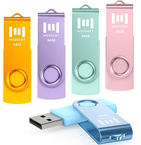 MOSDART 64GB Swivel USB 2.0 Flash Drive, Pack of 5, Multicolored | With Metal Rotating Clip Port Protection, an Attachable Keychain Loop, exFat Format