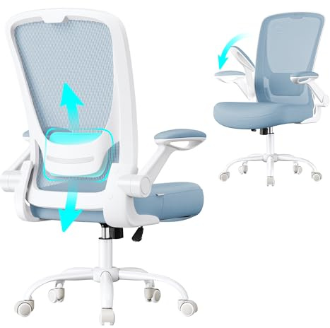 SONGMICS Silla de Oficina, Silla de Escritorio de Malla, Silla Giratoria Ergonómica, Soporte Lumbar, Oscilante, Asiento de 53 cm, Apoyabrazos Abatibles, Azul Niebla OBN037Q01