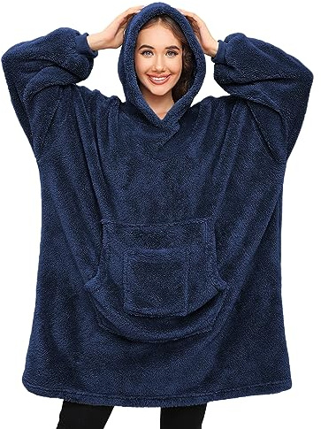 Tuopuda Sweatshirts Femme Manche Longue, Robe de Chambre Hiver Pull de Noel, Plaid à Capuche Flannel Doux Pullover Hoodie Cadeau Maman Mamie, Marine