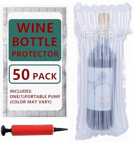 Wine Bottle Protector Bag for Travel, 50 Packs Inflatable Packaging Bubble Wrap for Wine Fruit Glass Bottle, Inflatable Air Column Cushion Bags with Free Pump in Airplane Cushioning