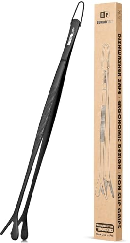 Doppelspitze Kochpinzette, doppelendige 2-in-1-Profi-Edelstahl-Küchenpinzette zum Kochen, Reparieren, Meeresfrüchte, Grillen, Dekorieren, Tierfüttern (30.5 CM, SCHWARZ)