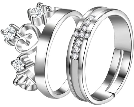 OIDEA Anillo par acero promesa plata: 2 anillos Ziconi corona corazón mujer anillo hombre cruz boda símbolo princesa y caballero regalo boda San Valentín aniversario, Acero inoxidable, Zirconia cúbica