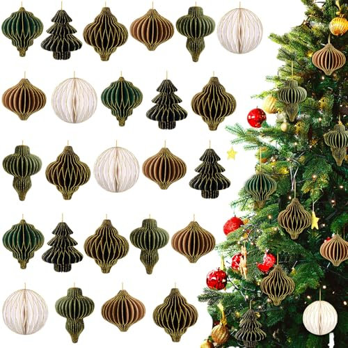 Janinka 24 Stück neutrale Weihnachtspapier-Wabenornamente, 3D-Mini-Glitzerrand, Wabenlaterne, wiederverwendbar, Vintage, Weihnachten, hängende neutrale Ornamente für Baum, Neujahr, Heimdekoration